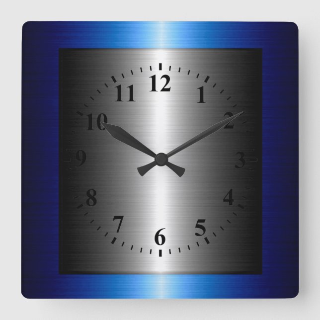 Dark Blue and Silver Stainless Steel Metal Square Wall Clock (Front)
