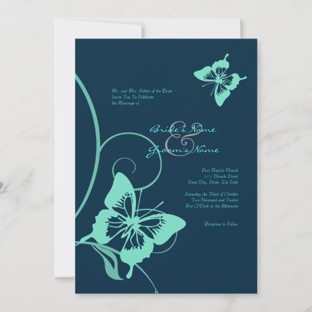 Dark Blue and Teal Butterfly Wedding Invitation (Front)