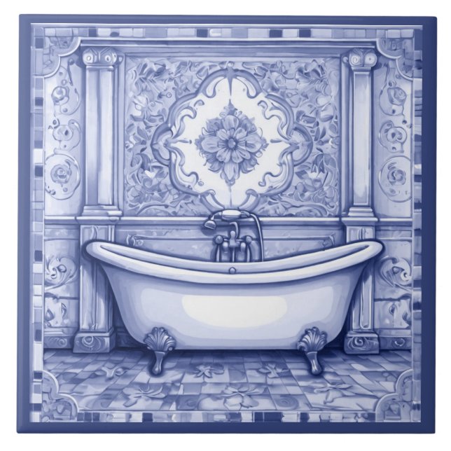 Dark Blue and White Bath Tub Bathroom Tile (Front)