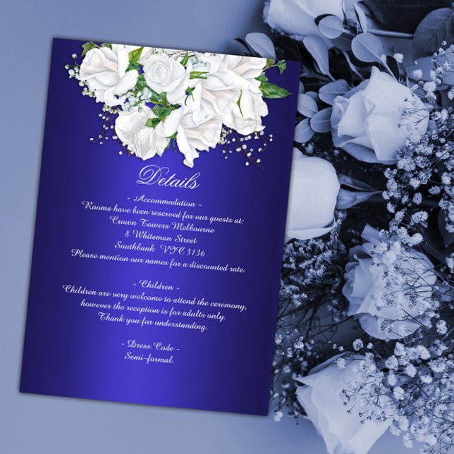 Dark Blue and White Bridal Roses Wedding Details Enclosure Card (Creator Uploaded)
