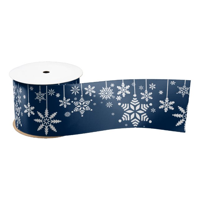Dark Blue and White Christmas Snowflakes Satin Ribbon (Spool)