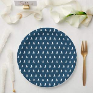 Dark Blue and White Christmas Tree Design Paper Plate