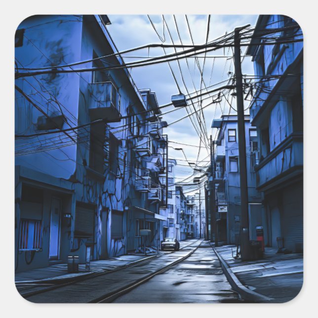 Dark Blue and White City Street Square Sticker (Front)