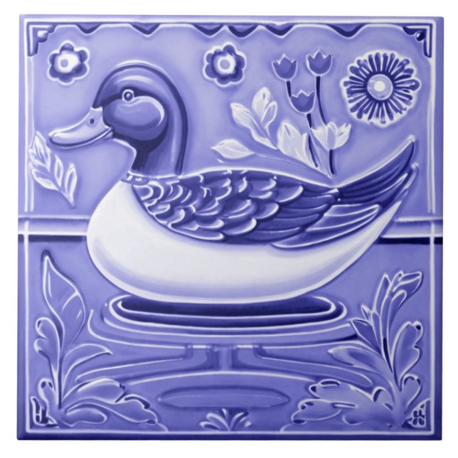 Dark Blue and White Duck European Folk Animal Art Ceramic Tile (Front)
