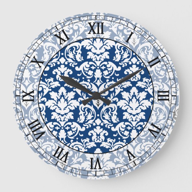 dark blue and white elegant damask roman numerals large clock (Front)