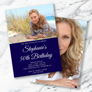 Dark Blue and White Elegant Script 50th Birthday Invitation