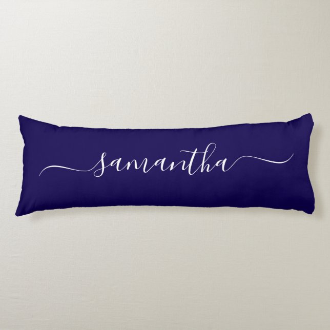 Dark Blue and White Elegant Swash Signature Name Body Cushion (Front)