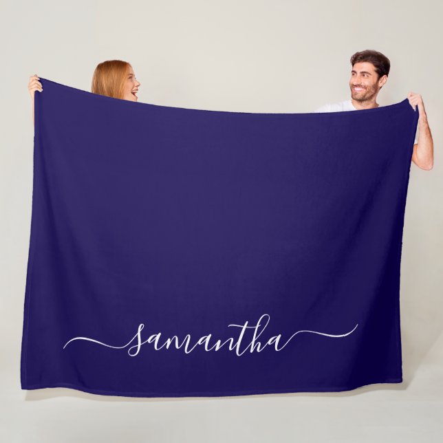 Dark Blue and White Elegant Swash Signature Name Fleece Blanket (In Situ)
