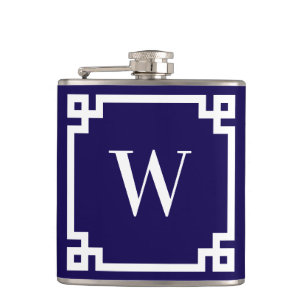 Dark Blue and White Greek Key Border Monogram Hip Flask