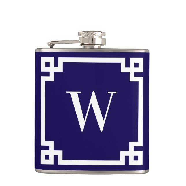 Dark Blue and White Greek Key Border Monogram Hip Flask (Front)
