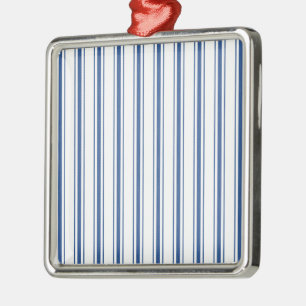 Dark Blue and White Mattress Ticking Narrow Stripe Metal Ornament