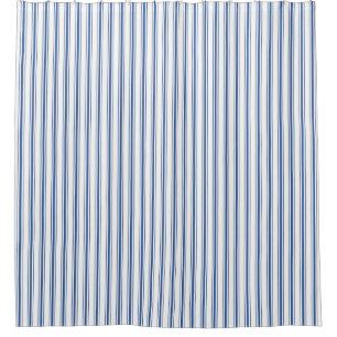 Dark Blue and White Mattress Ticking Narrow Stripe Shower Curtain