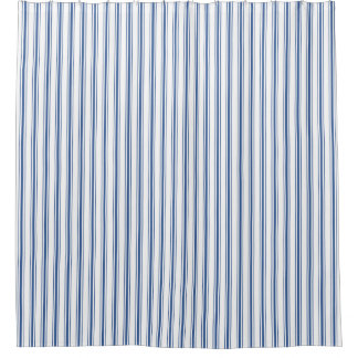 Dark Blue and White Mattress Ticking Narrow Stripe Shower Curtain