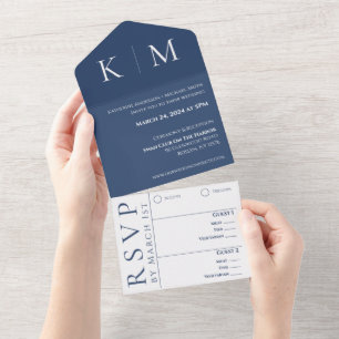 Dark Blue and White-Modern-Monogram-Wedding- All In One Invitation