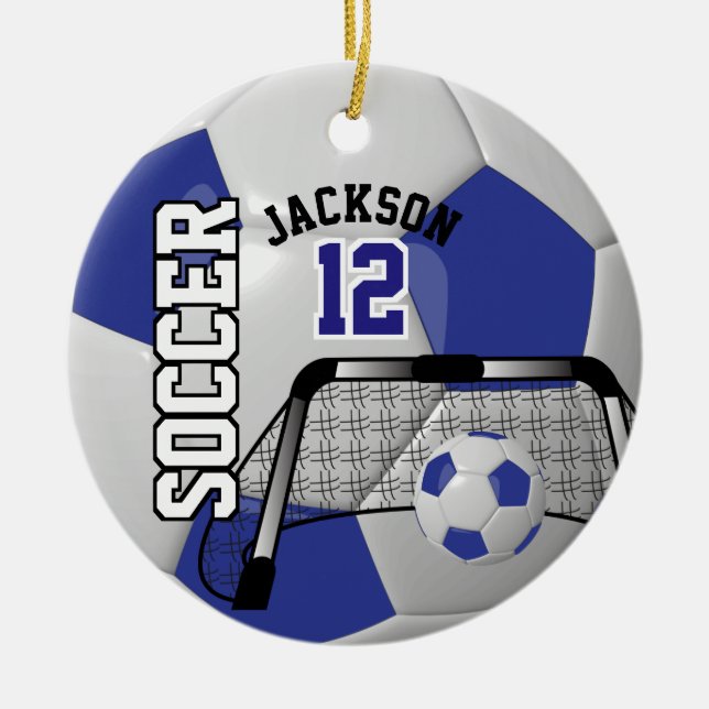 Dark Blue and White Personalise Soccer Ball Ceramic Ornament (Front)