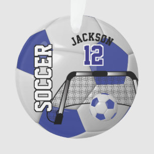 Dark Blue and White Personalise Soccer Ball Ornament