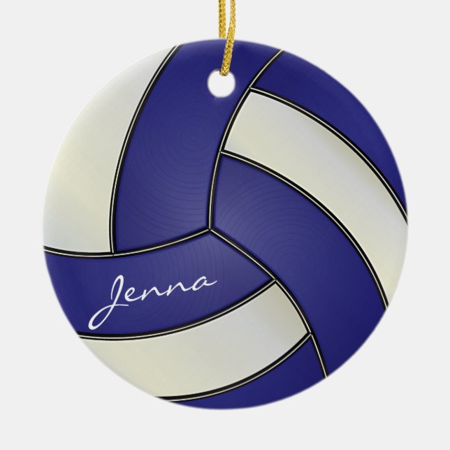 Dark Blue and White Personalise Volleyball Ceramic Ornament (Front)