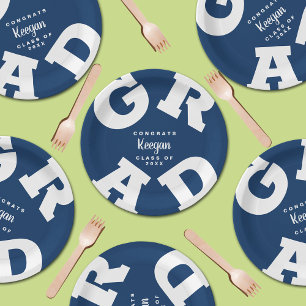 Dark Blue and White Personalised Graduation Paper Plate