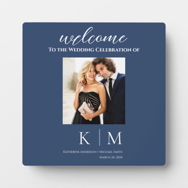 Dark Blue and White-Photo Wedding-Table Sign- Plaque (Front)