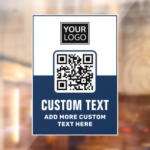 Dark blue and white QR code, logo and custom text