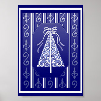 Dark Blue And White Swirls Stripes Christmas Tree Poster
