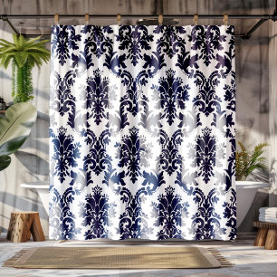 Dark-blue and white vintage damasks pattern shower curtain