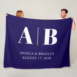 Dark Blue and White Wedding Monogram Fleece Blanket