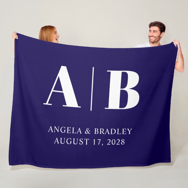 Dark Blue and White Wedding Monogram Fleece Blanket (In Situ)