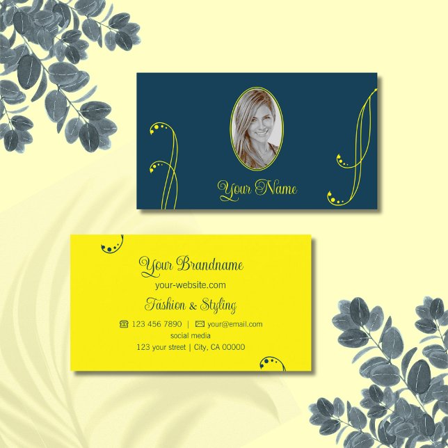 Dark Blue and Yellow Ornate with Portrait Photo Business Card (Creator Uploaded)