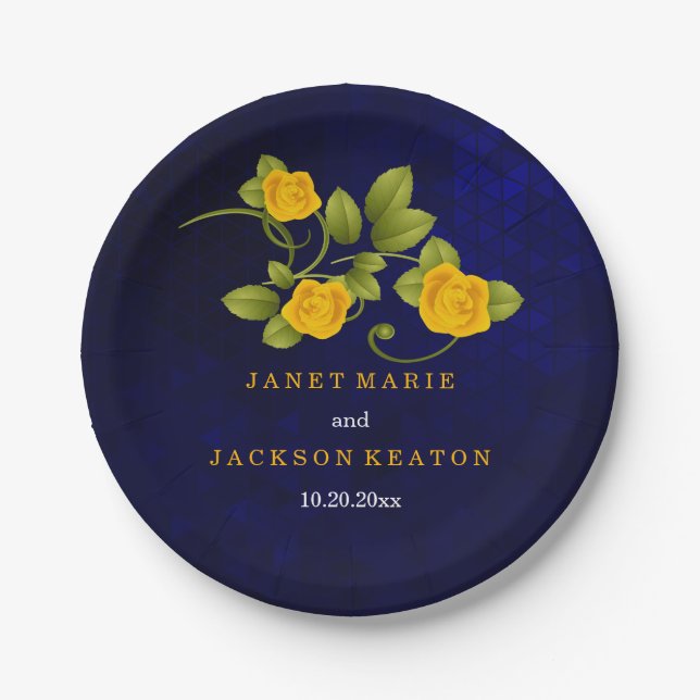 Dark Blue and Yellow Rose Wedding Paper Plate (Front)