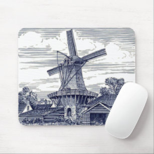 Dark Blue Antique Delft Blue Dutch Windmill Mouse Pad