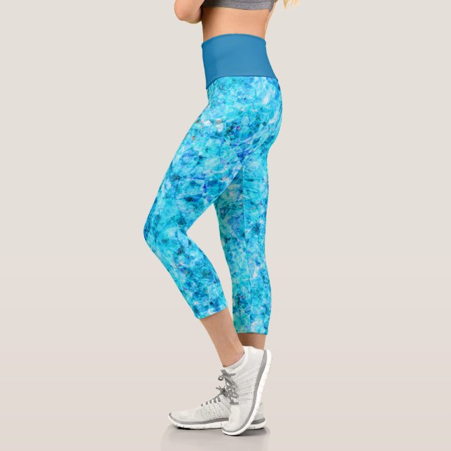 Dark Blue Aqua Turquoise Polygon Art Pattern Capri Leggings (Left)