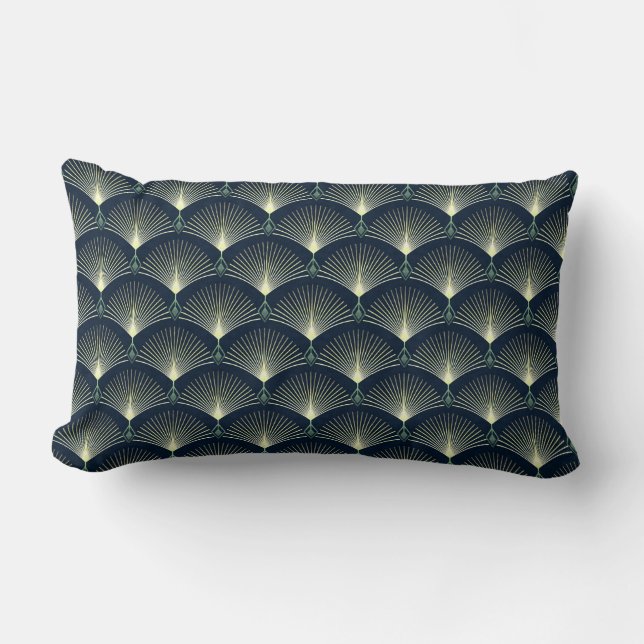 Dark Blue Art Deco Stylish Geometric Pattern Throw Lumbar Cushion (Front)