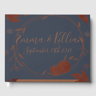 Dark Blue Autumn Pumpkins & Leaves   Guest Book