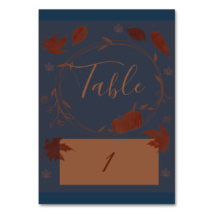 Dark Blue Autumn Pumpkins & Leaves Table Number