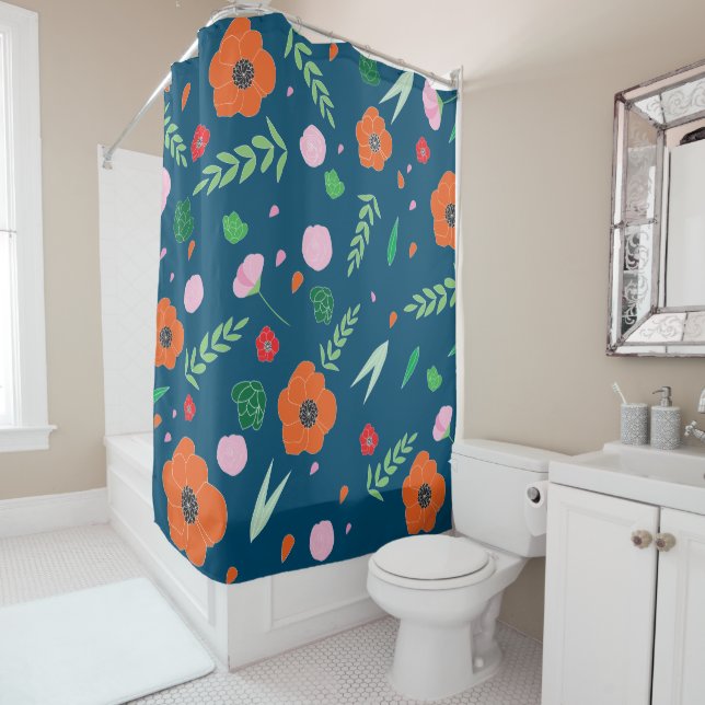 Dark blue Background Colourful Floral Pattern Shower Curtain (In Situ)