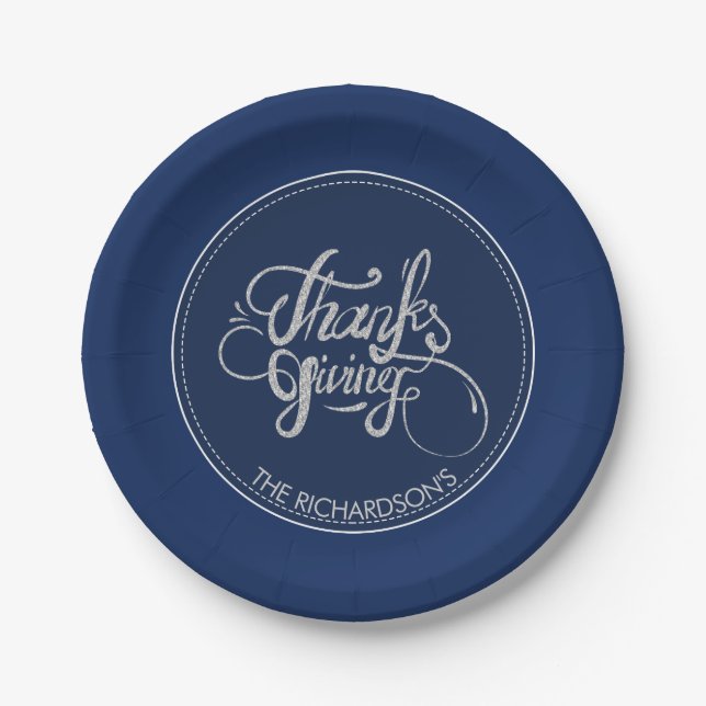 Dark Blue Background Silver Glitter-Thanksgiving Paper Plate (Front)