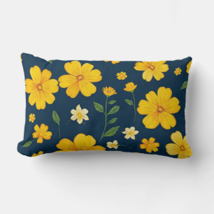Dark Blue Background Yellow Flowers Lumbar Cushion