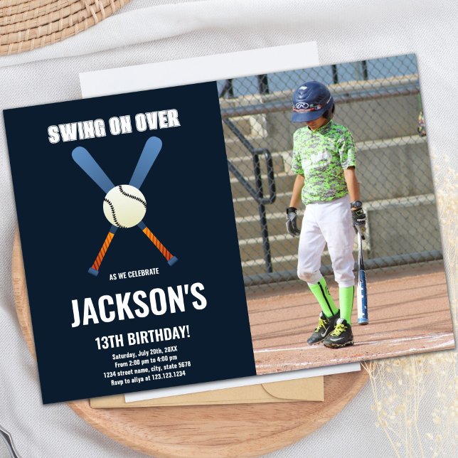 Dark Blue Baseball Birthday Invitation with Photo (Dark Blue Baseball Birthday Invitations with photo)