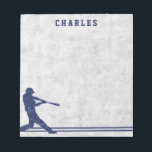 Dark blue baseball silhouette personalised name notepad<br><div class="desc">Personalised notepad featuring a dark blue silhouette of a baseball player swinging a baseball bat on a worn ball background. At the bottom is a border with two blue stripes. Customisable name or other text in a dark blue college jersey sports font.</div>