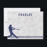 Dark blue baseball silhouette personalized name card<br><div class="desc">Personalized notecard featuring a dark blue silhouette of a baseball player swinging a baseball bat on a worn ball background. At the bottom is a border with two blue stripes. Customizable name or other text in a dark blue college jersey sports font.</div>
