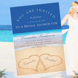 Dark Blue Beach 2 Hearts in Sand Bridal Shower Inv Invitation