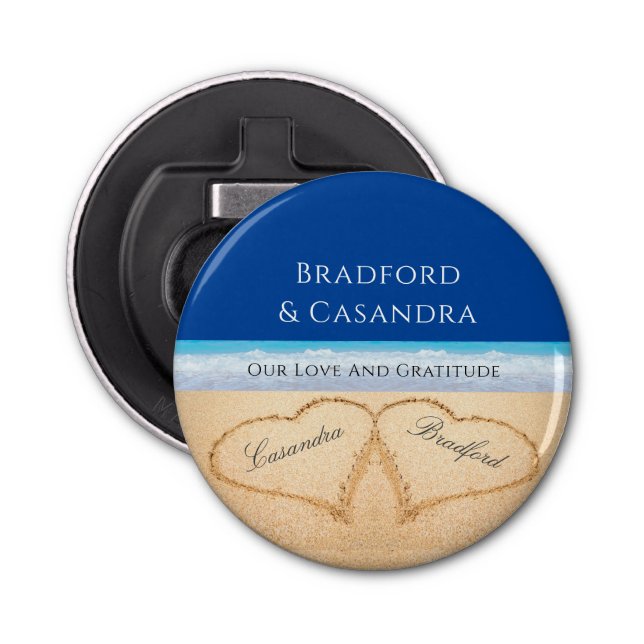 Dark Blue Beach Wedding 2 Hearts in the Sand Bottle Opener (Front)