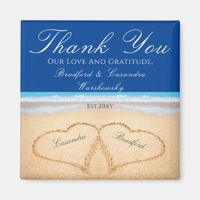 Dark Blue Beach Wedding 2 Hearts in the Sand Magnet (Front)