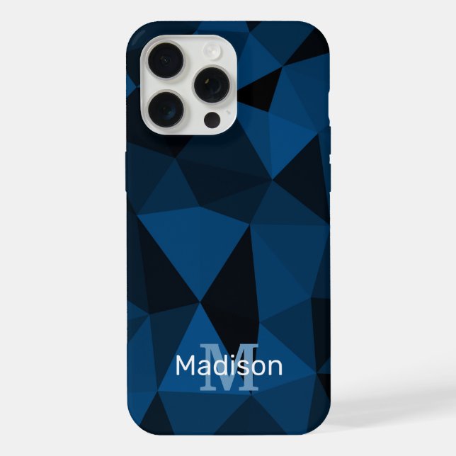 Dark blue black geometric mesh pattern Monogram iPhone Case (Back)
