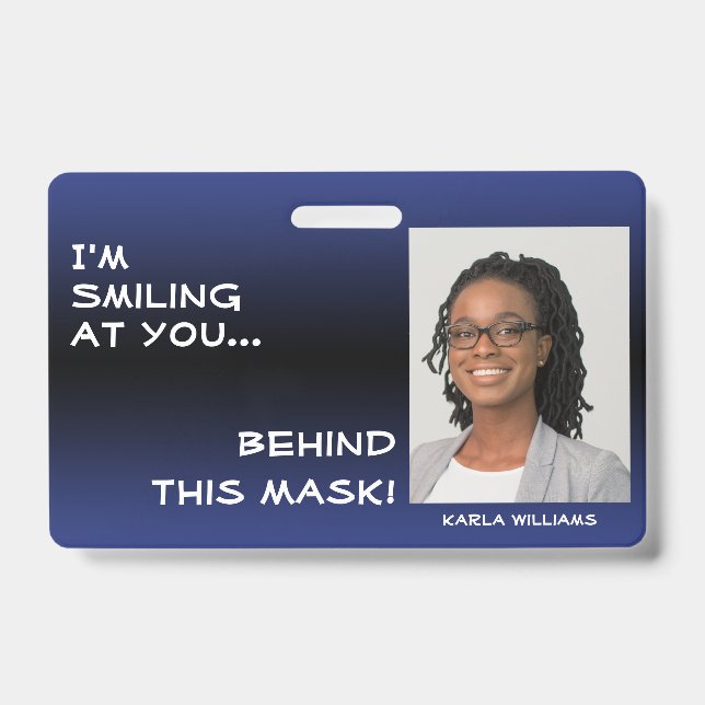 Dark Blue & Black Ombre Smiling Hello Behind Mask ID Badge (Front)