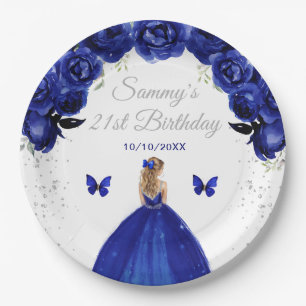 Dark Blue Blonde Hair Princess Birthday Party Paper Plate