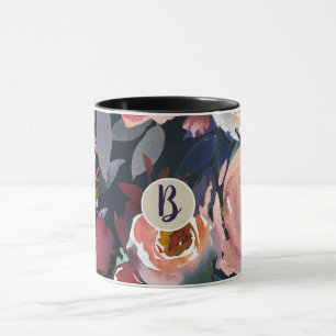 Dark Blue & Blush Pink Watercolor Floral Chic Mug