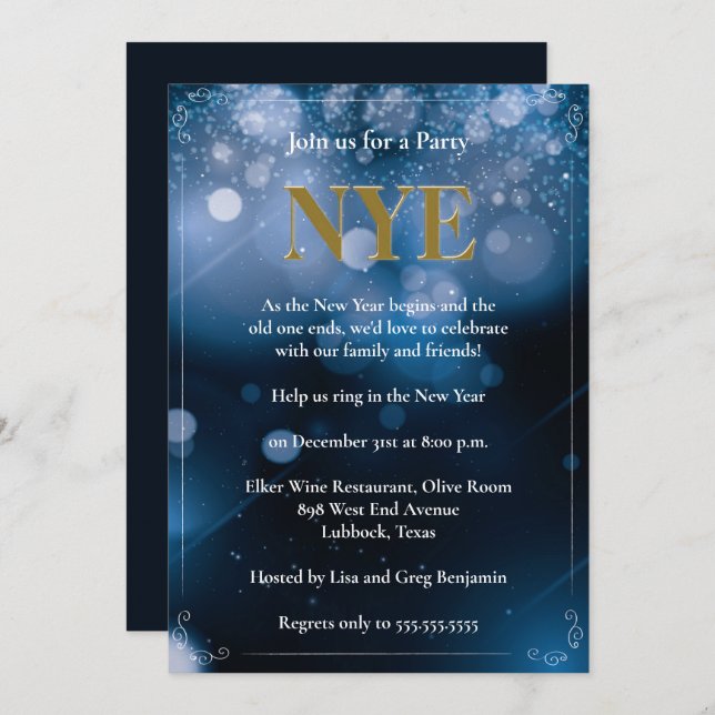 Dark Blue Bohek Lights New Years Eve Party Invitation (Front/Back)