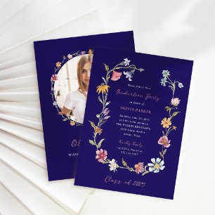 Dark Blue Boho Wildflower Wreath Graduation Party Invitation